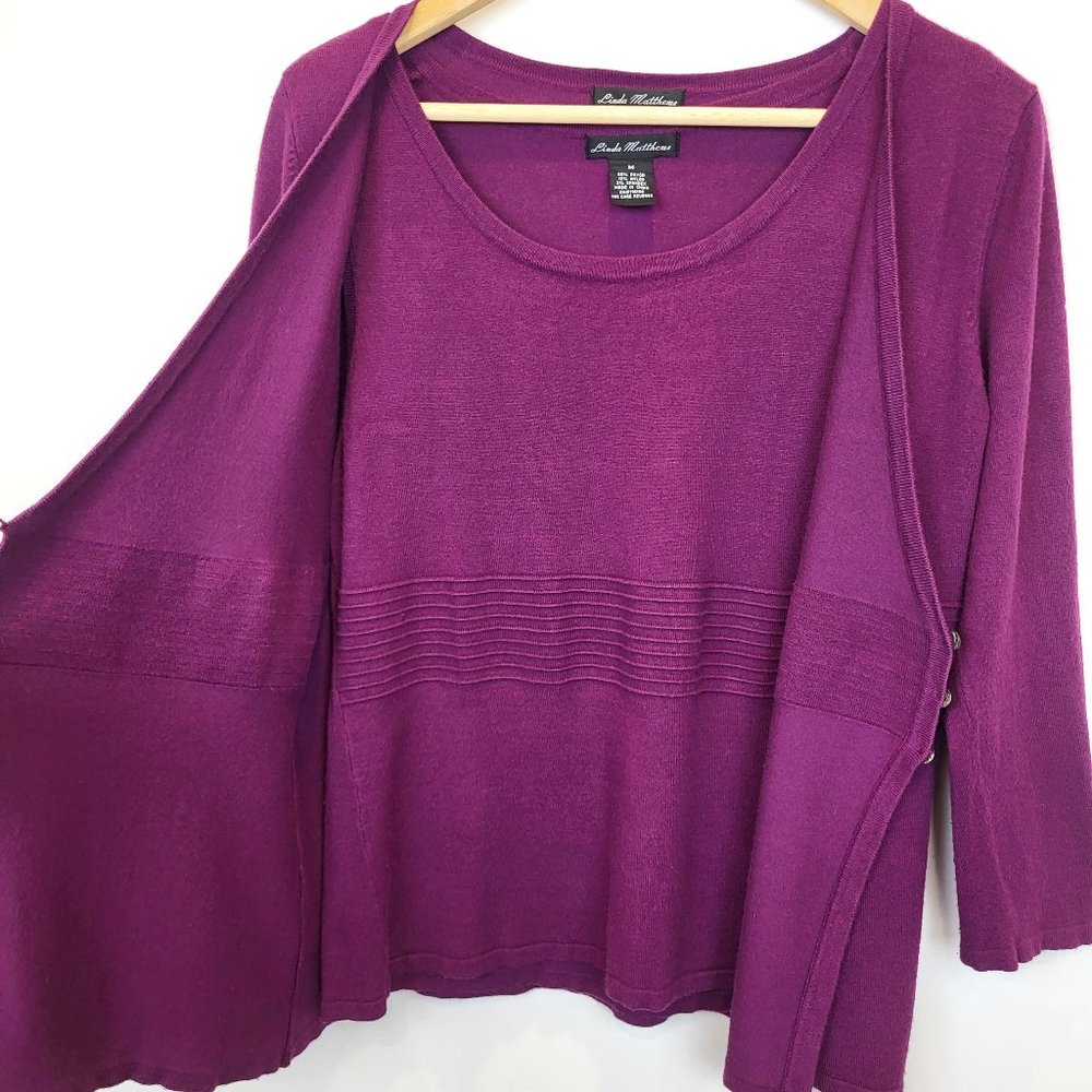 Linda Matthews Purple Shell and Cardigan Sweater Set, Size Medium, GUC - Picture 3 of 12